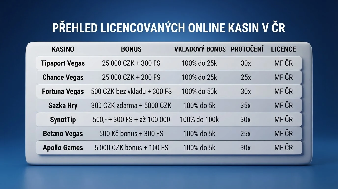 Přehledová tabulka s logy operátorů, hodnotami bonusů a počty volných otoček