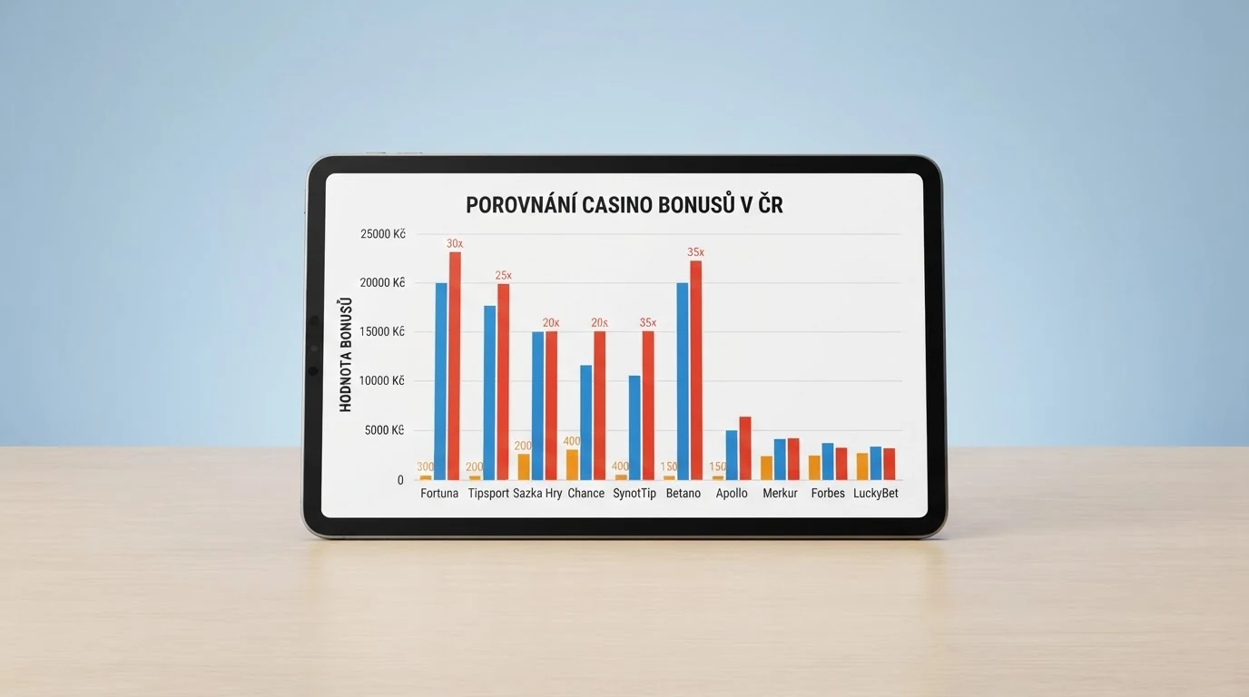 Srovnávací tabulka deseti online kasin s jejich bonusy, podmínkami protočení a licencí MF ČR
