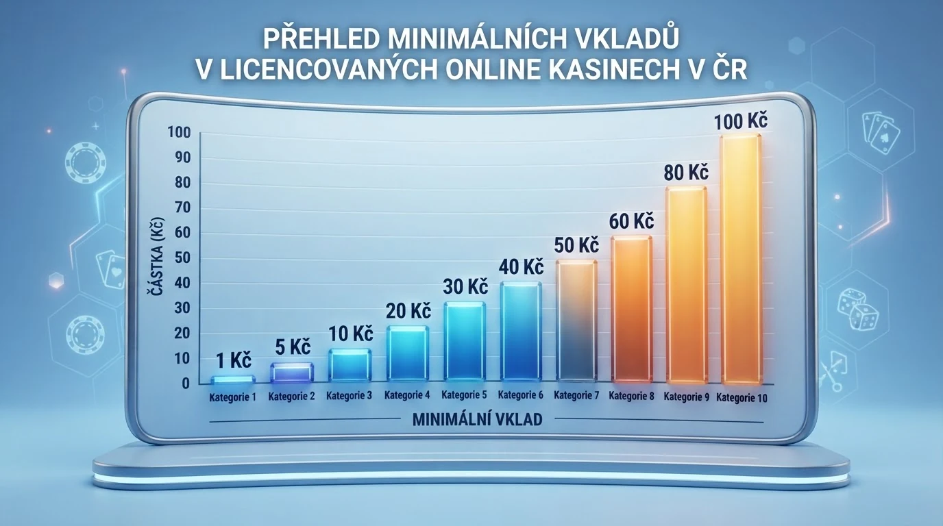 Řada deseti kasinových log vedle sebe s popisky částek 1 Kč, 10 Kč a 100 Kč