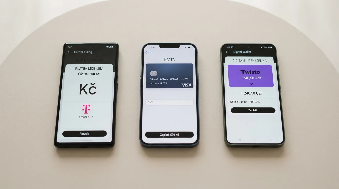 Vedle sebe položené obrazovky mobilního telefonu znázorňující m-platbu, platební kartu a elektronickou peněženku s orientačními poplatky u každé metody