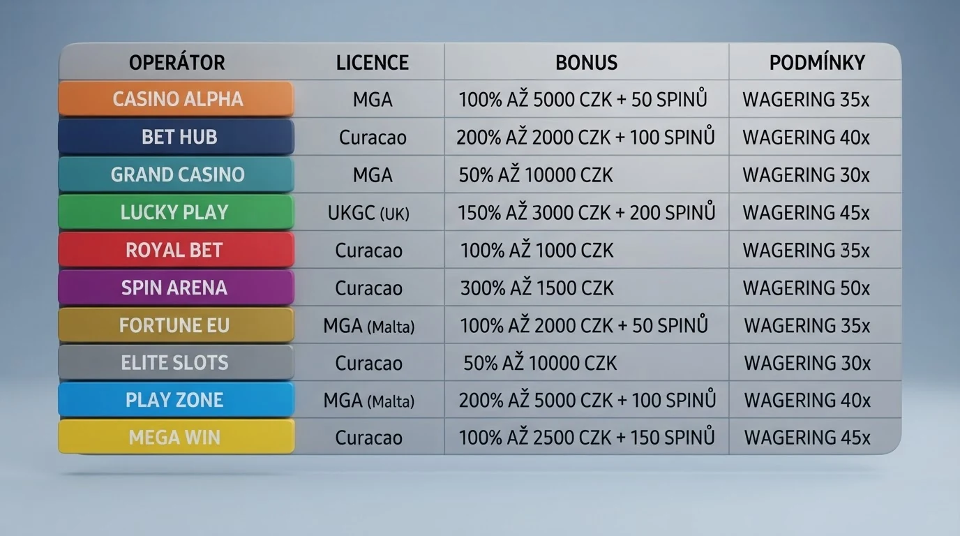 Srovnávací tabulka s logy operátorů, kolonkami licence, bonusu a wageringu