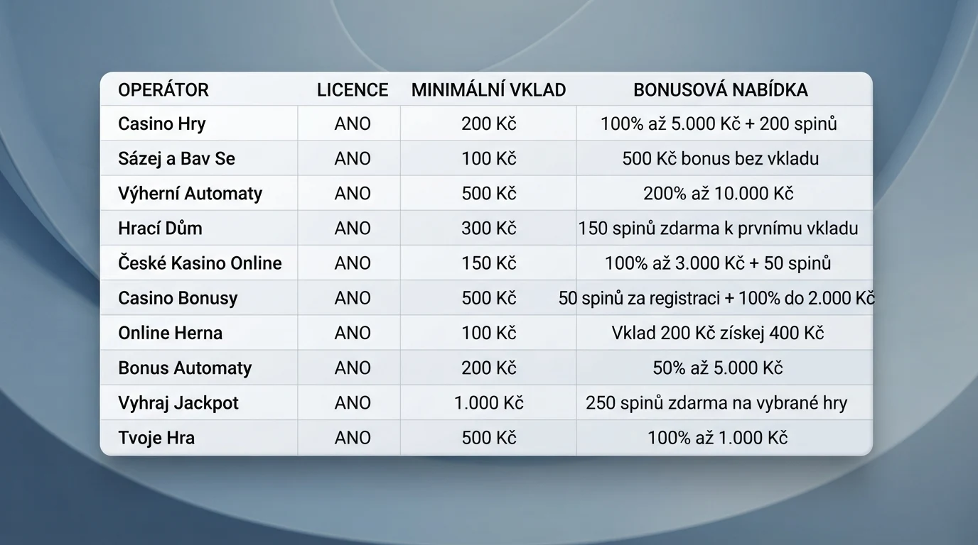 Srovnávací tabulka deseti operátorů – sloupce licence, minimální vklad pro bonus, uvítací bonus a poskytovatelé her