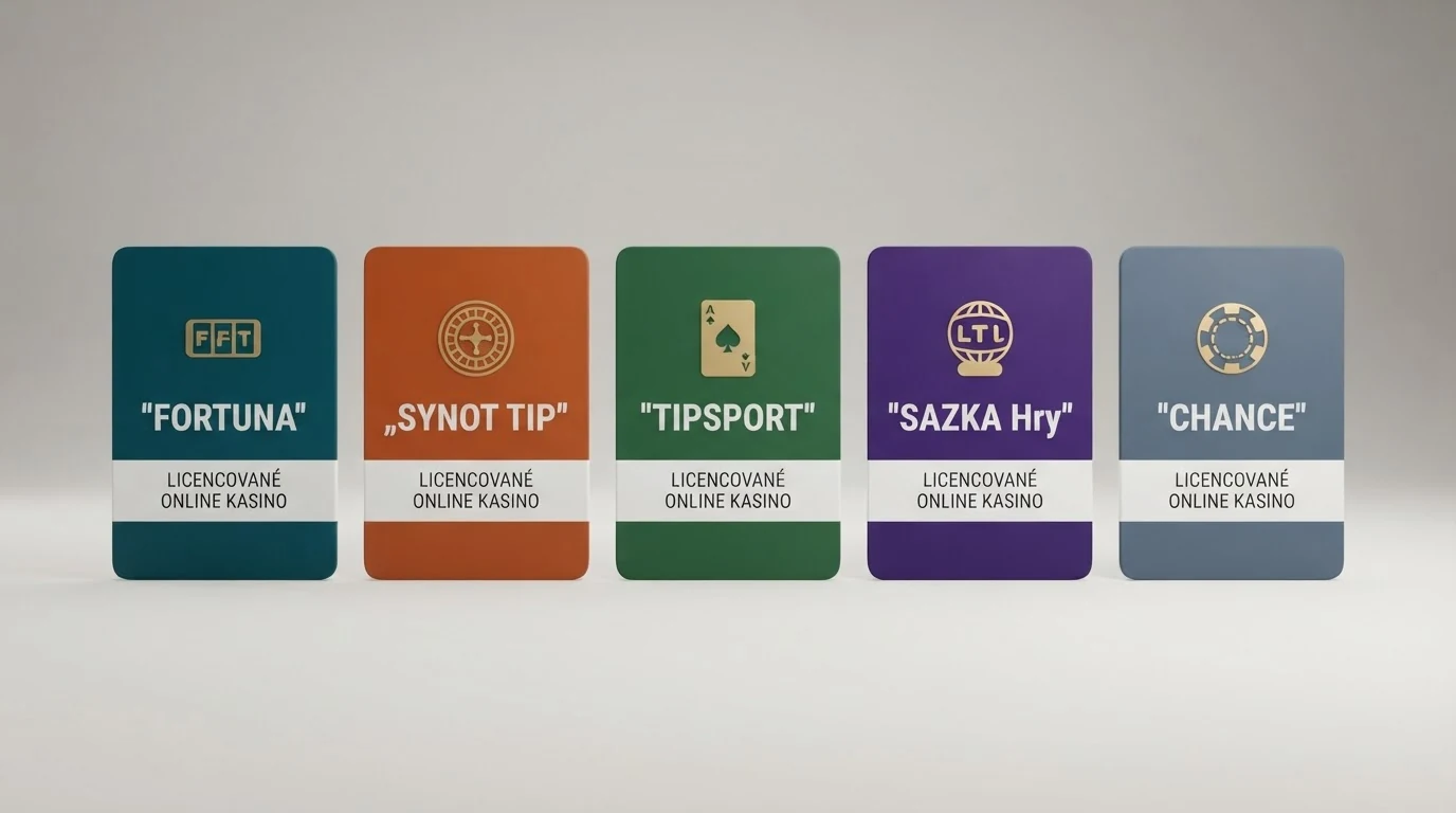 Srovnávací zobrazení karet pěti českých online casin s logy, vedle sebe na světlém pozadí