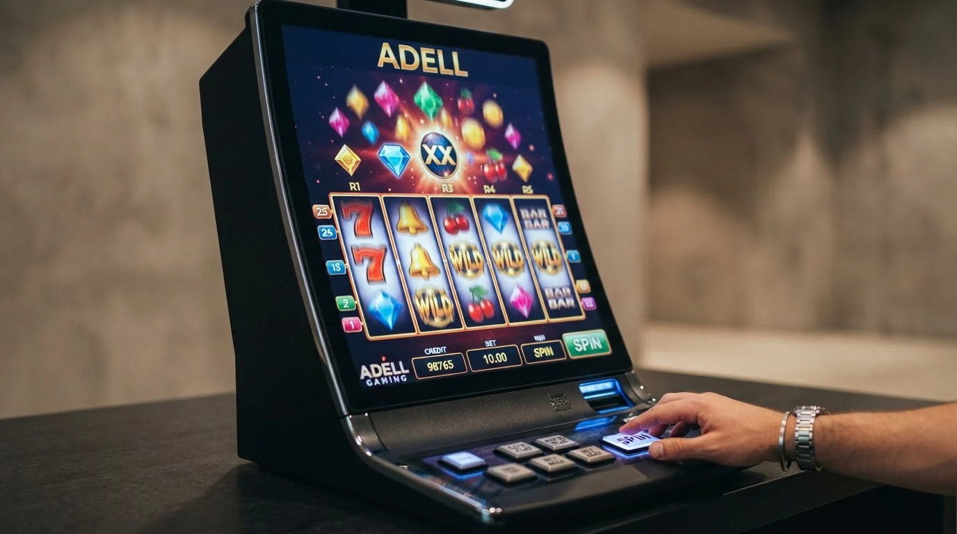 Detail hrací plochy jednoho z automatů Adell s válci a herními symboly