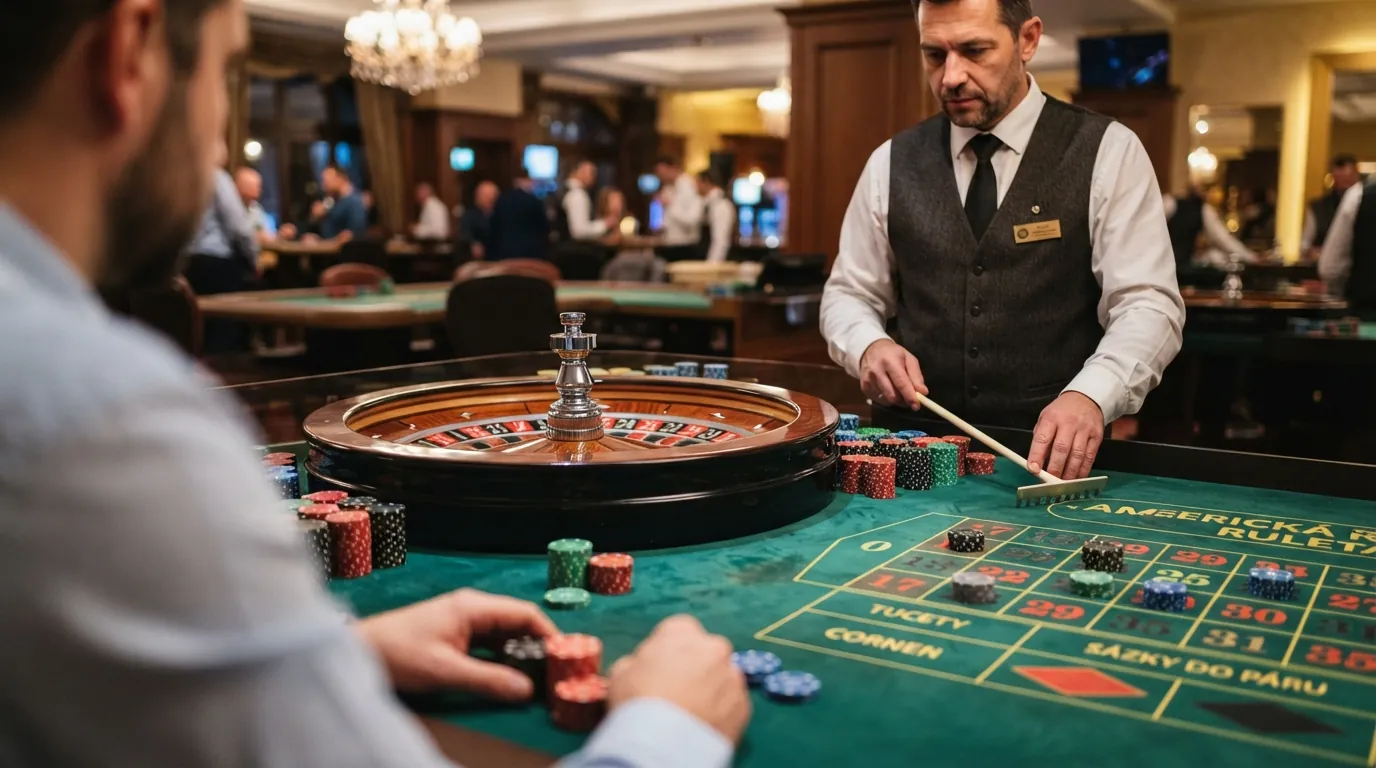 Detail živého herního stolu s krupiérem — americká ruleta v prostředí brněnského kasina