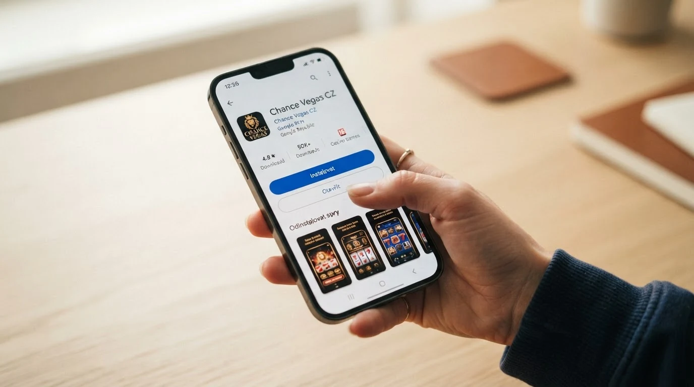 telefon s ikonou casino aplikace a tlačítkem instalace v obchodě s aplikacemi