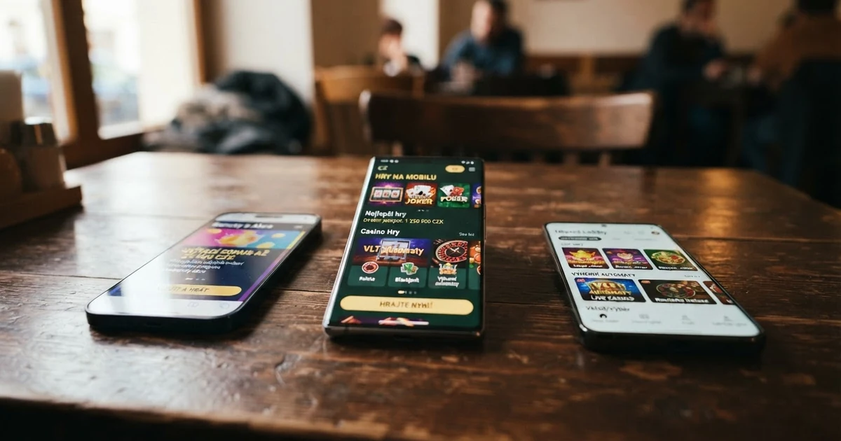 Srovnání mobilních casino aplikací na displeji chytrého telefonu — vedle sebe leží tři telefony s otevřenými aplikacemi různých operátorů