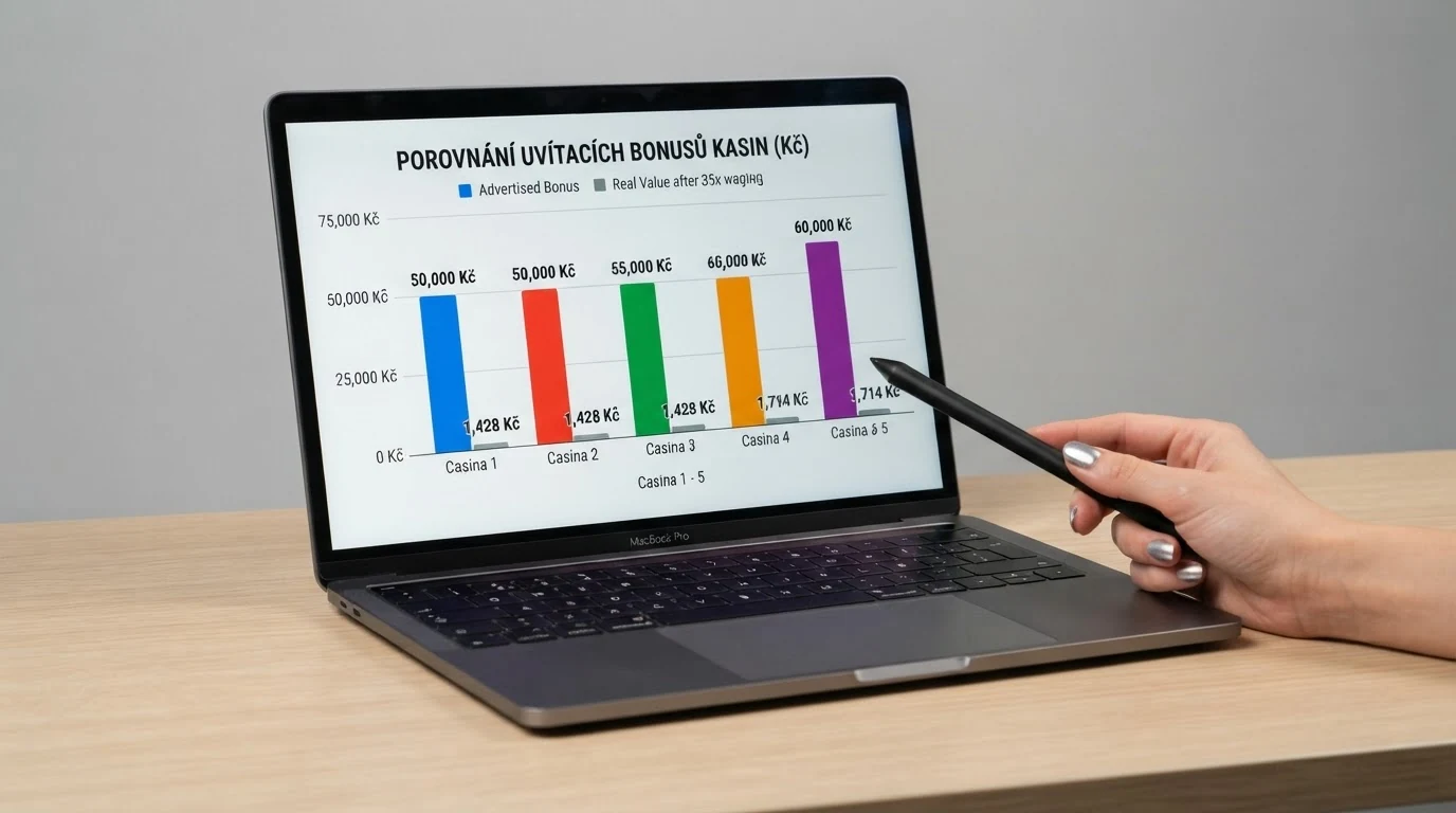 Sloupcový graf porovnávající inzerovanou výši uvítacího bonusu (v Kč) s reálnou hodnotou po započtení wageringu 35× na příkladu pěti operátorů