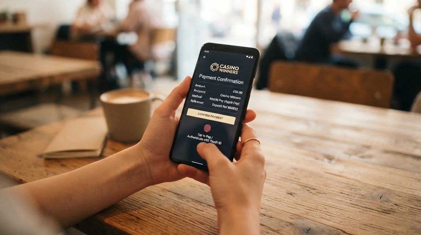 Sekvence tří obrazovek mobilního telefonu znázorňující průběh vkladu přes Google Pay: výběr metody, potvrzení biometrií, připsání částky