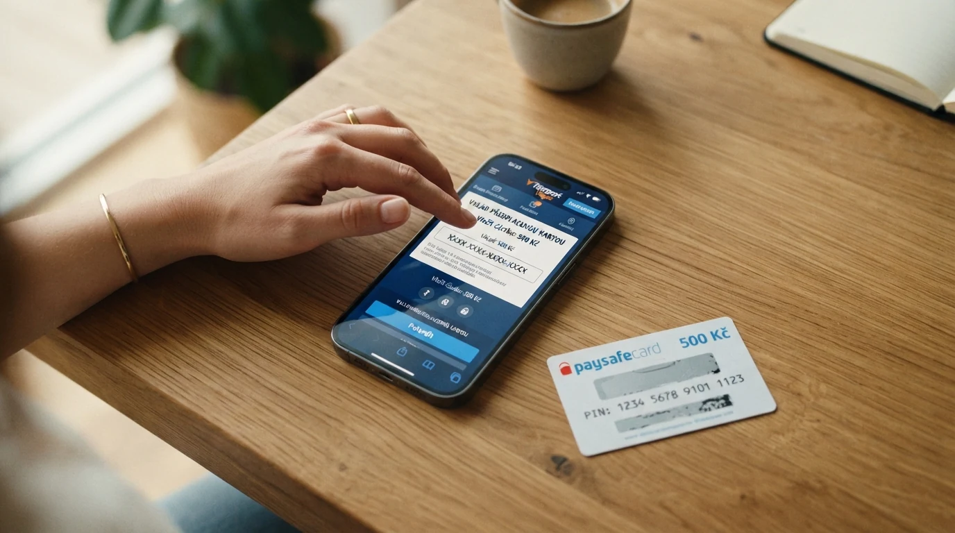 Obrazovka pokladny online kasina s vybranou platební metodou Paysafecard a polem pro zadání PIN kódu