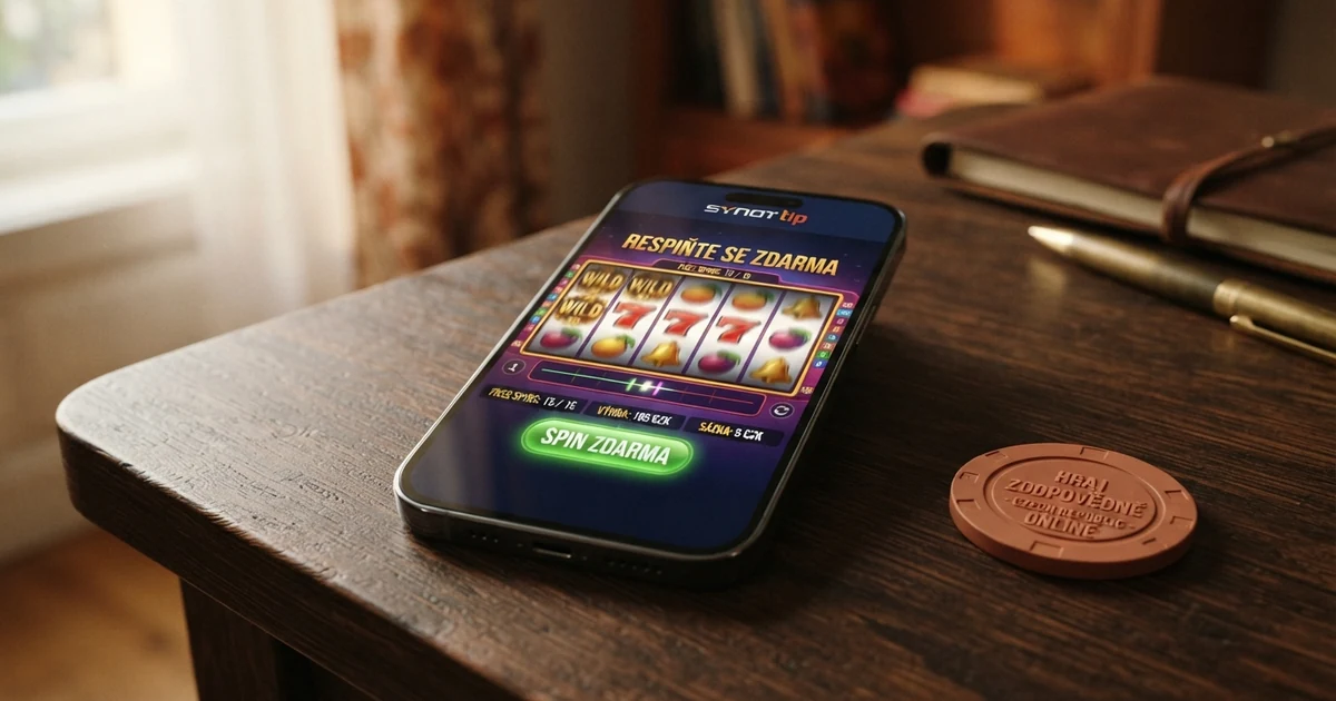 Mobilní telefon zobrazující online casino automat s aktivními volnými otočkami a tlačítkem roztočení