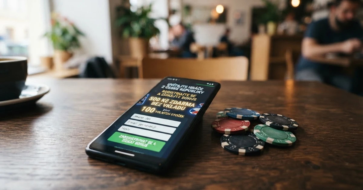 České koruny a žetony na stole online kasina s mobilem zobrazujícím registrační formulář
