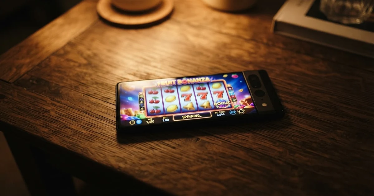 Mobil s otevřenou registrací v online casinu a vedle něj roztočené válce automatu.