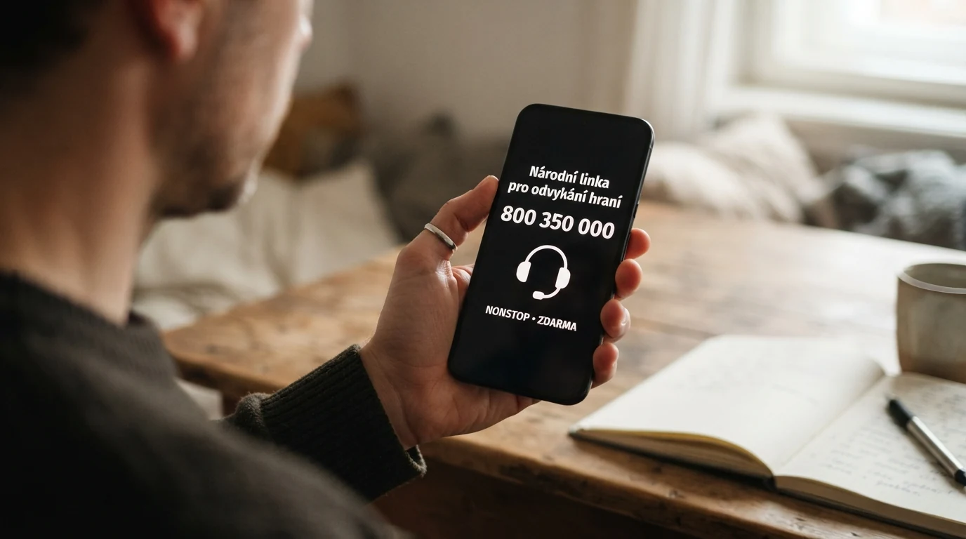 Telefon s vytočeným číslem linky pomoci 800 350 000 na displeji, vedle logo Národní linky pro odvykání hraní